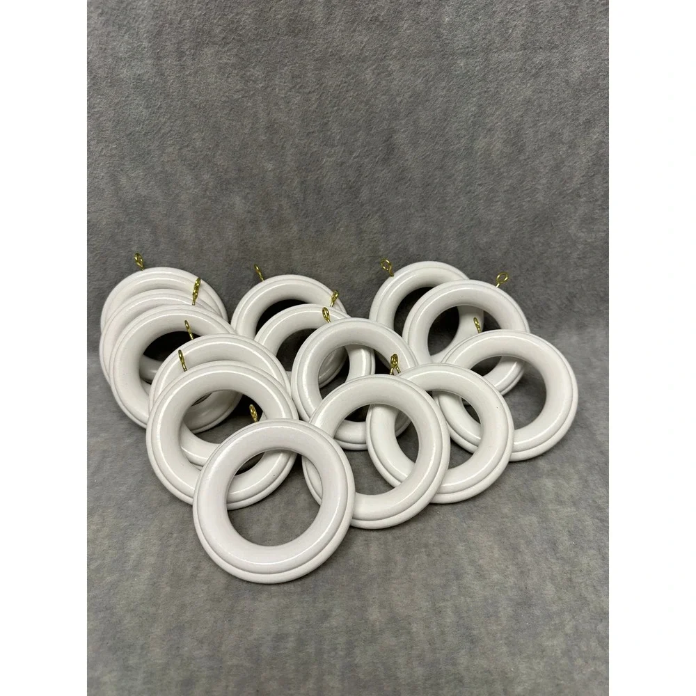 Large Curtain Rings White Wood Set of 14 Round with Brass Eyelets for 2